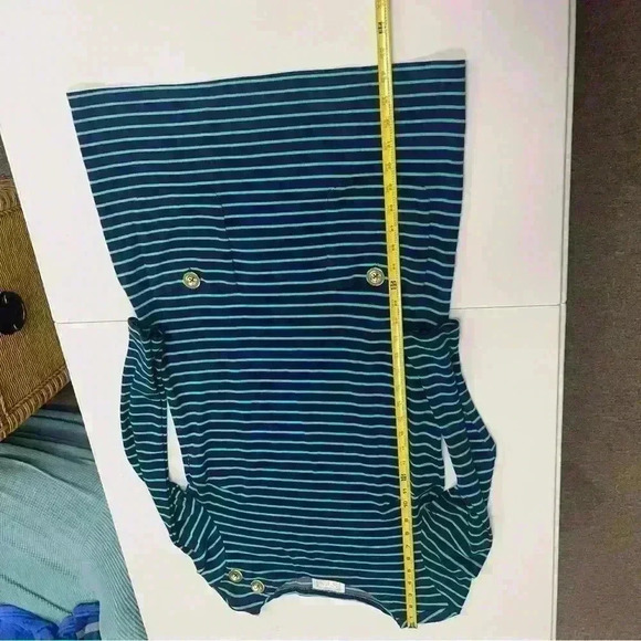 Sail to Sable Navy Blue Green Striped Long Sleeve Dress Gold Buttons Sz S EUC - Picture 3 of 9